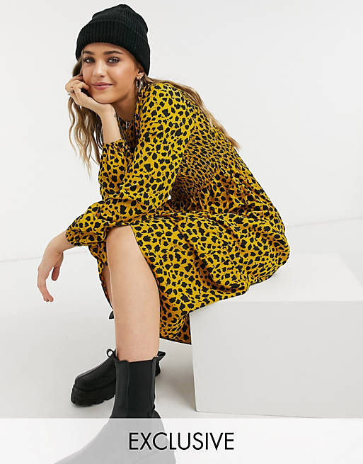 Dresses Wednesday's Girl long sleeve midi dress with shirred waist in sketchy animal print 