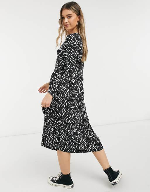 Wednesday's Girl long sleeve midi smock dress in black smudge spot print