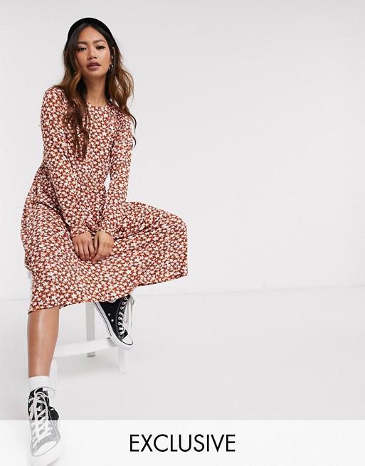 Wednesday's Girl long sleeve midi smock dress in ditsy floral