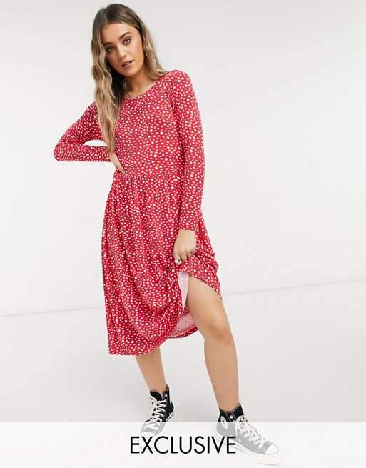 Wednesday's Girl long sleeve midi smock dress in red smudge spot print