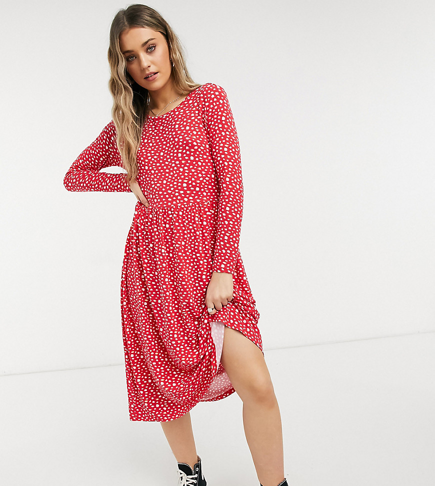Wednesday's Girl long sleeve midi smock dress in smudge spot print-Red