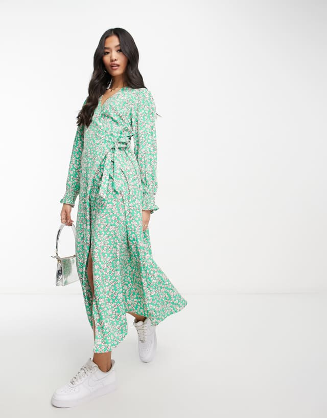 Wednesday's Girl long sleeve midi wrap dress in green ditsy