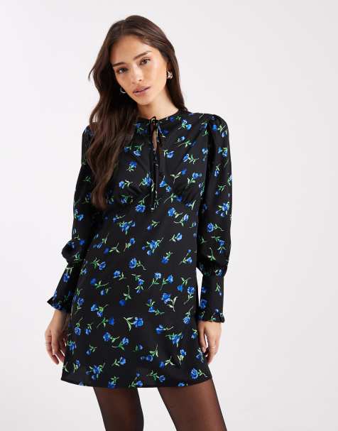 Wednesday's Girl long sleeve mini dress in blue floral print