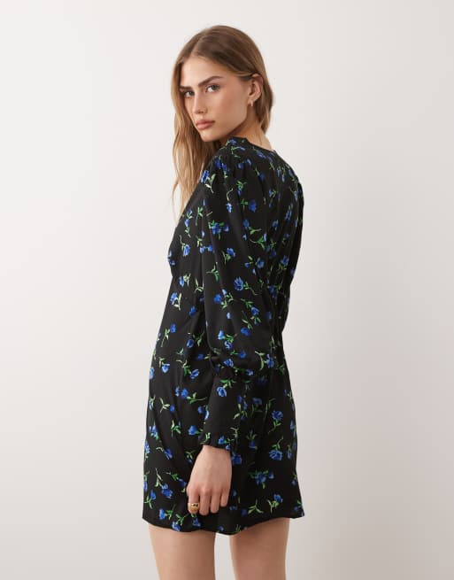 blue floral long sleeve mini dress Sevila Long Sleeve Mini Dress in Inky Blue Floral Mesh
