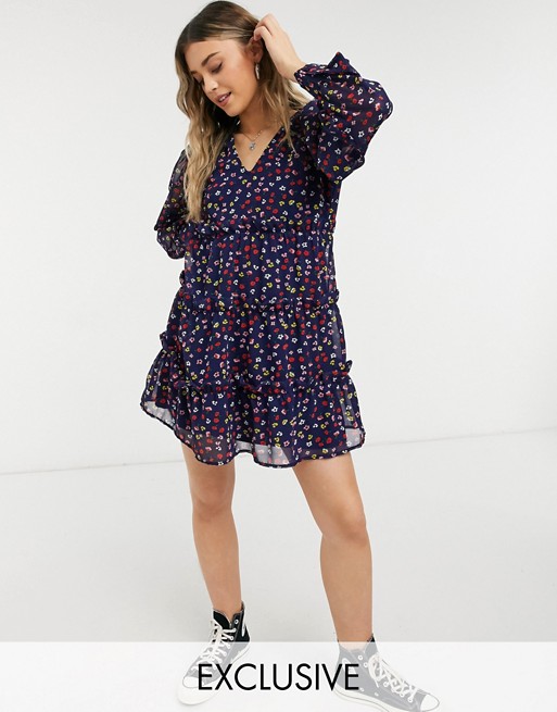 Wednesday's Girl long sleeve mini smock dress with tiered skirt in floral print