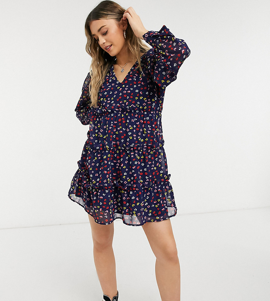 Wednesday's Girl long sleeve mini smock dress with tiered skirt in floral print-Navy
