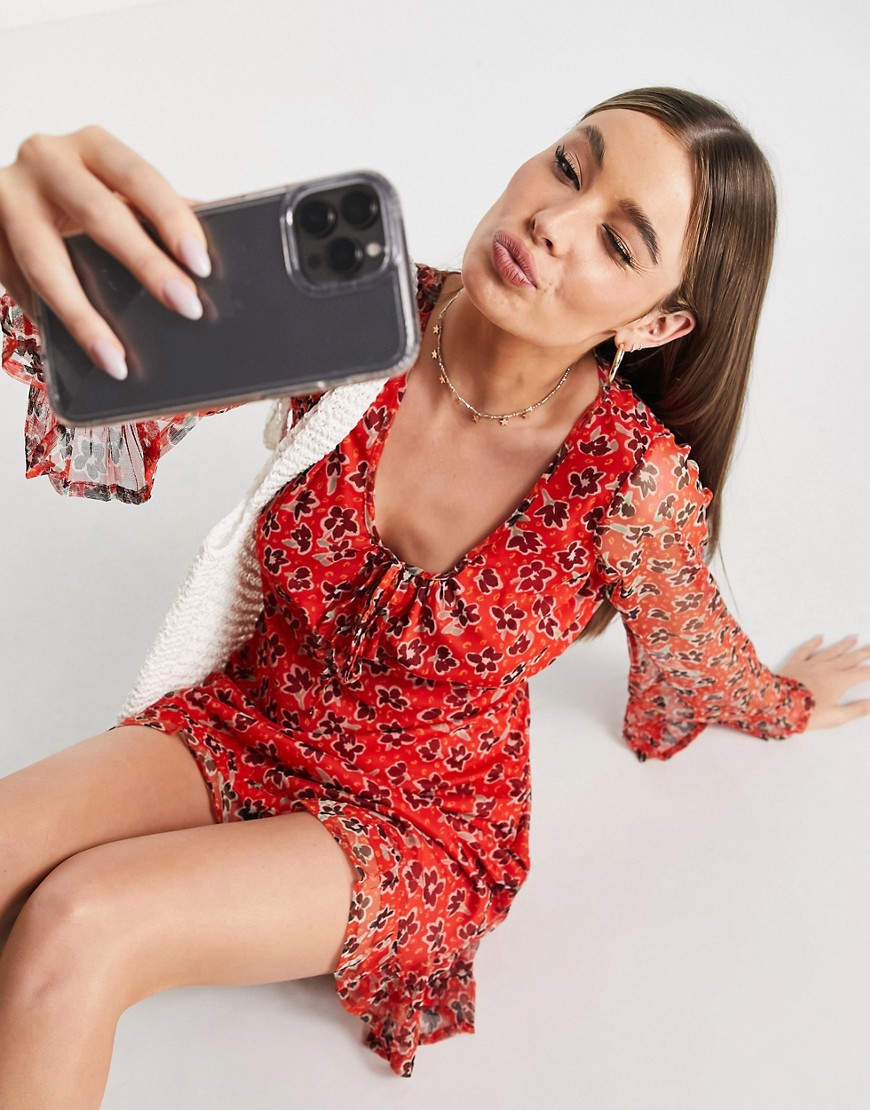Wednesday's Girl Long Sleeve Mini Tea Dress In Red Ditsy Floral Mesh