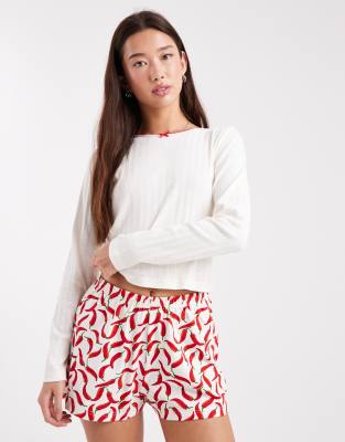 Wednesday's Girl Wednesday's Girl long sleeve pointelle top and chilli short pyjama set-White