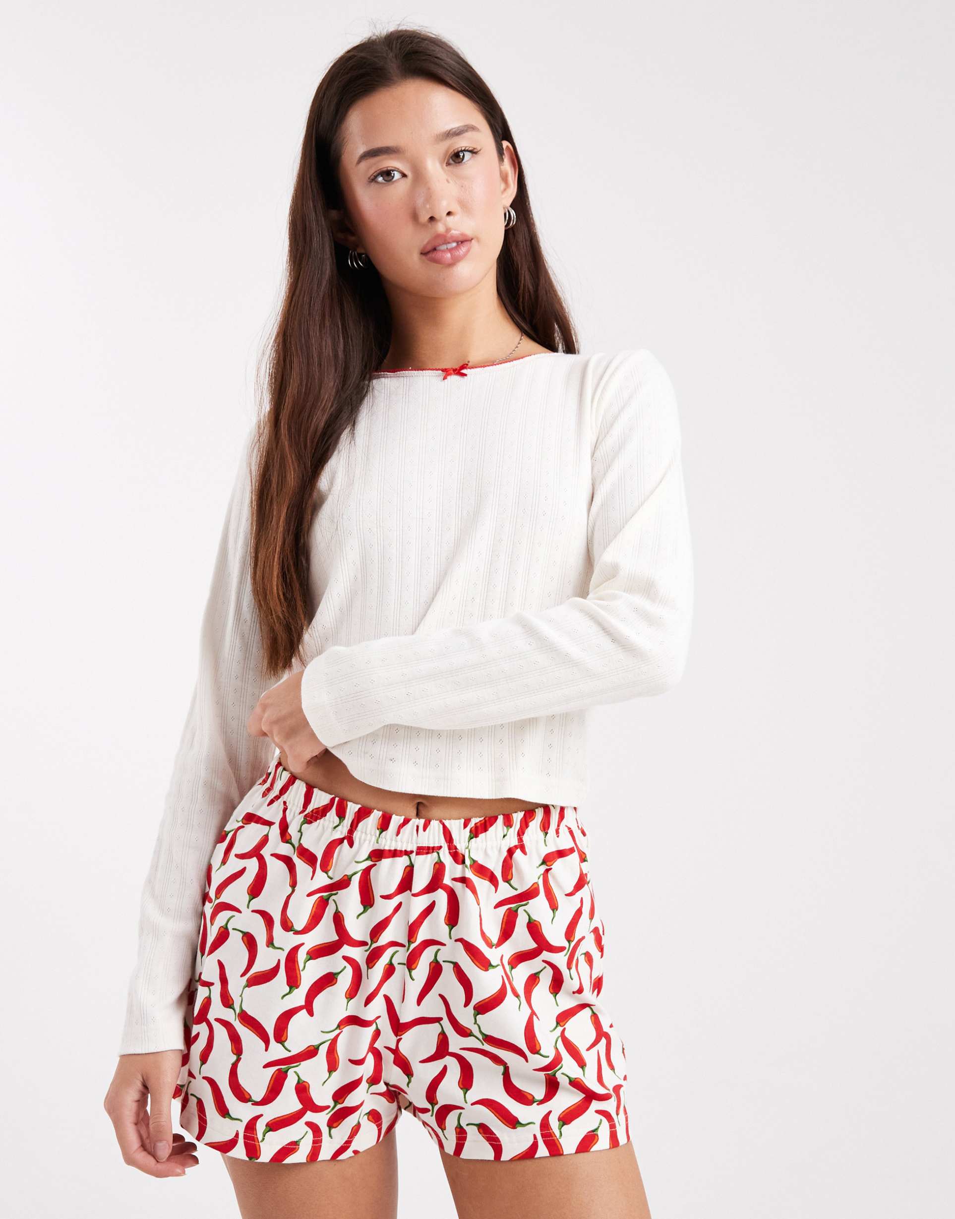 wednesday's girl long sleeve pointelle top and chilli shorts pajama set