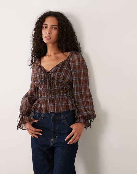 Wednesday's Girl long sleeve ruffle blouse in brown plaid - view 1