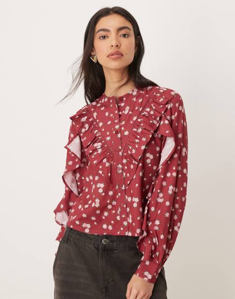 Wednesday's Girl long sleeve ruffle collared top in berry floral - view 1