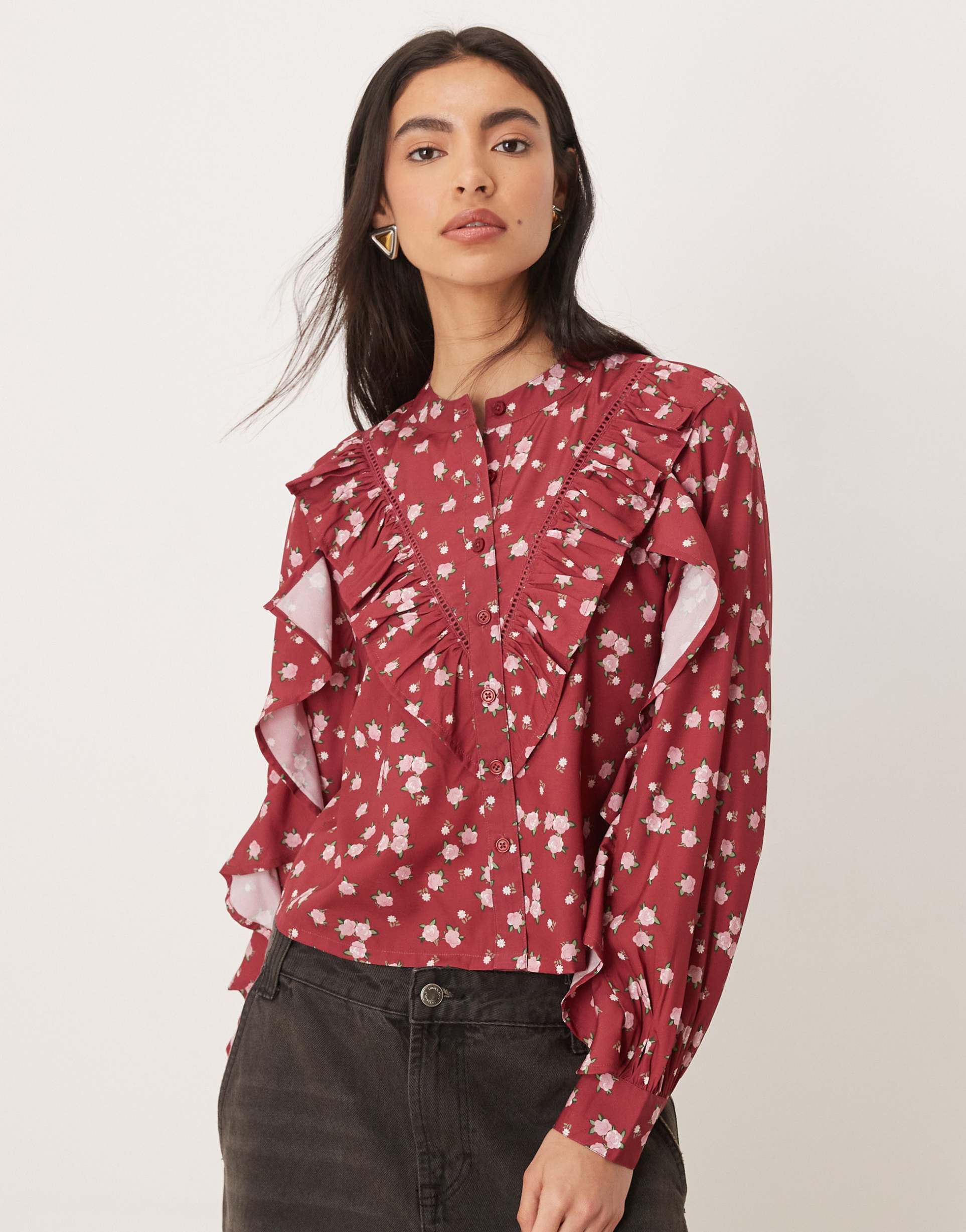wednesday's girl long sleeve ruffle collared top in berry floral