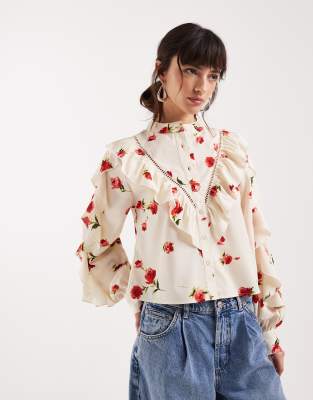 Wednesday's Girl long sleeve ruffle collared top in delicate floral print