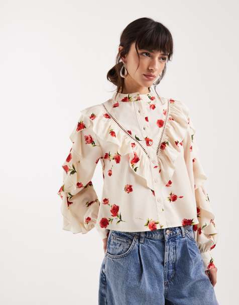 Wednesday's Girl long sleeve ruffle collared top in delicate floral print - view 1