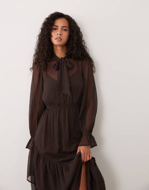 Wednesday's Girl long sleeve ruffle detail midaxi dress in chocolate - view 1