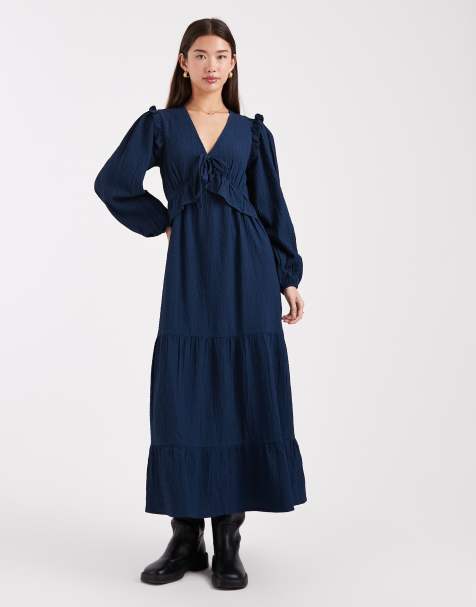 Wednesday's Girl long sleeve ruffle midaxi dress in navy - view 1