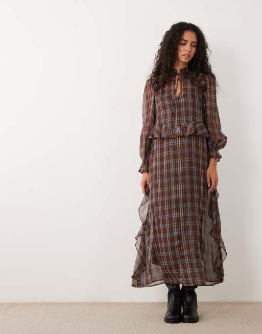 Wednesday's Girl long sleeve ruffle midaxi dress with lace detail in brown tartan