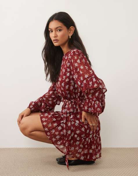 Wednesday's Girl long sleeve ruffle mini dress in burgundy floral - view 1