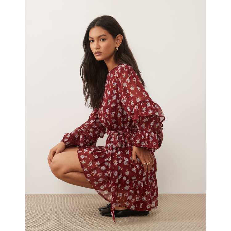 burgundy floral mini dress Wednesday's Girl long sleeve ruffle in Stevie Elegant Square Neckline
