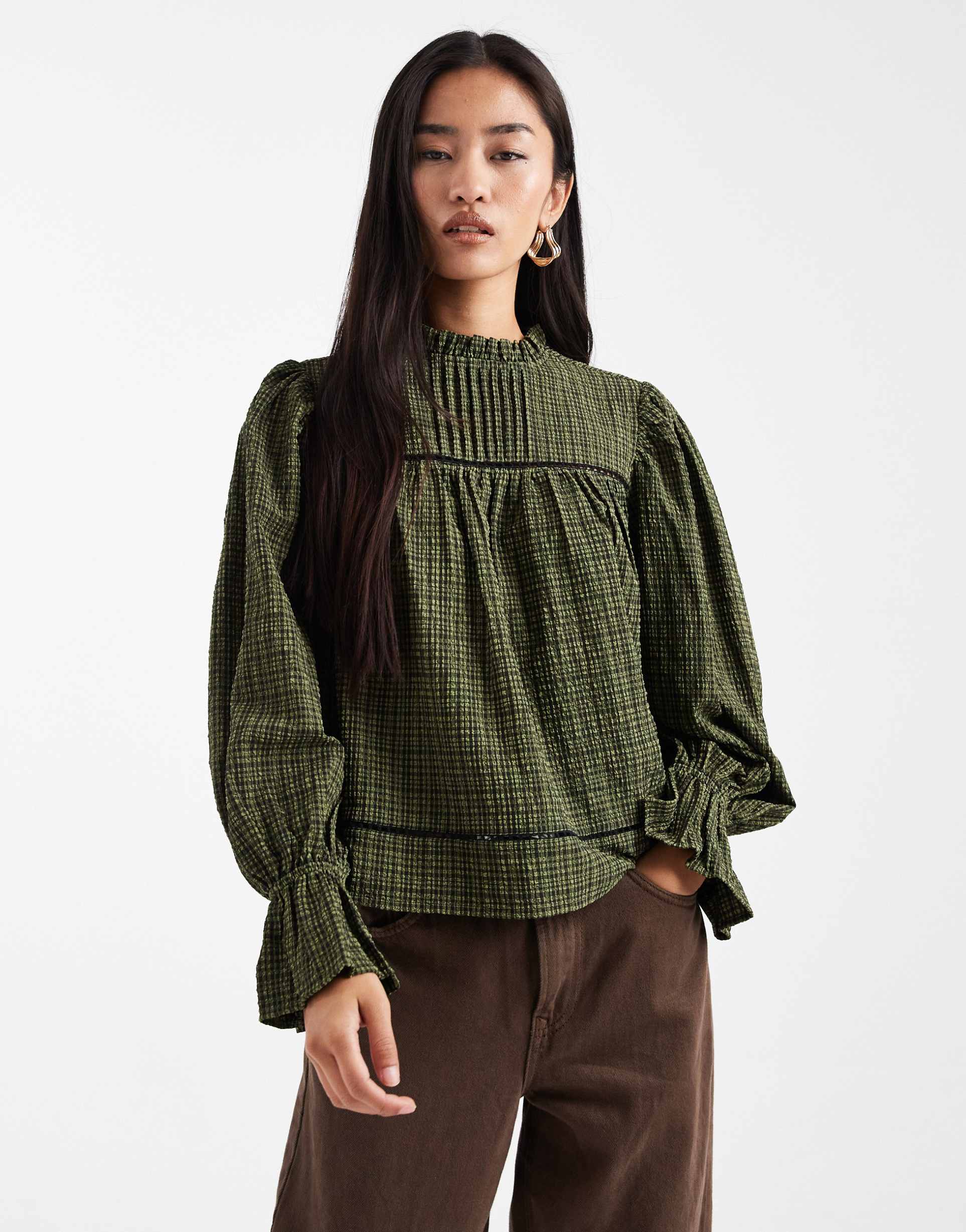 wednesday's girl long sleeve shirred collared blouse in green plaid