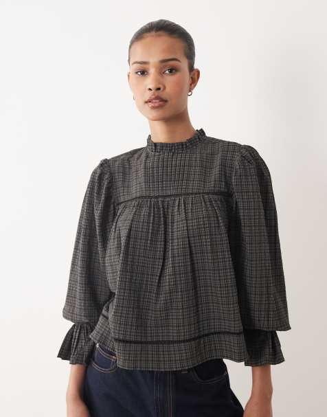 Wednesdays Girl long sleeve shirred collared blouse in grey check - view 1