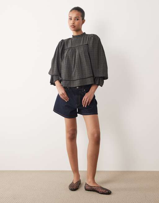Wednesdays Girl long sleeve shirred collared blouse in grey check, 2 of 4