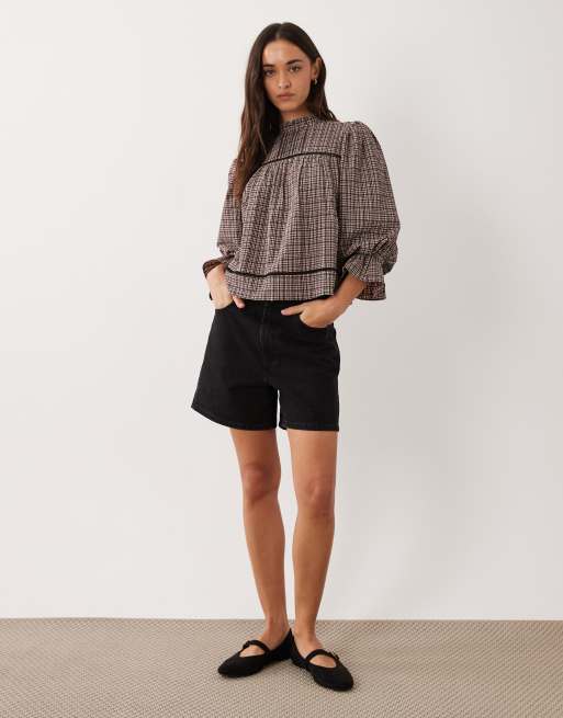 Wednesdays Girl long sleeve shirred collared blouse in pink check, 2 of 4