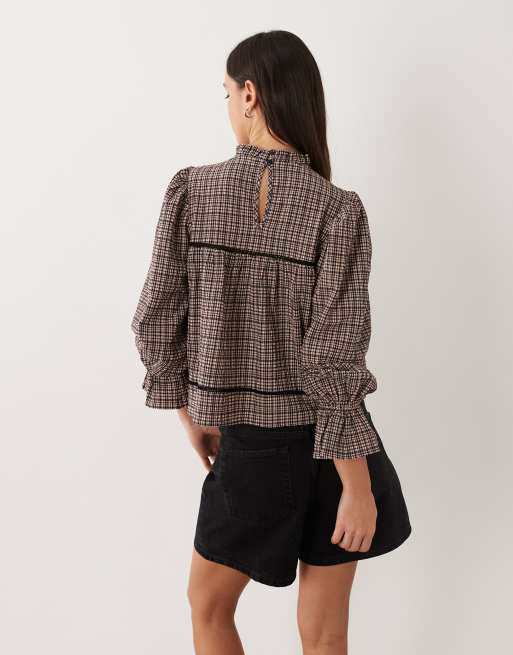 Wednesdays Girl long sleeve shirred collared blouse in pink check, 4 of 4