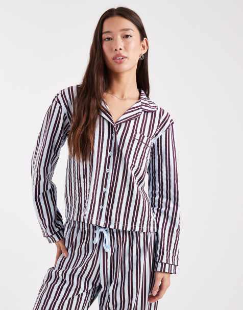 Wednesday's Girl long sleeve shirt and pants pajama set in blue stripe - view 1