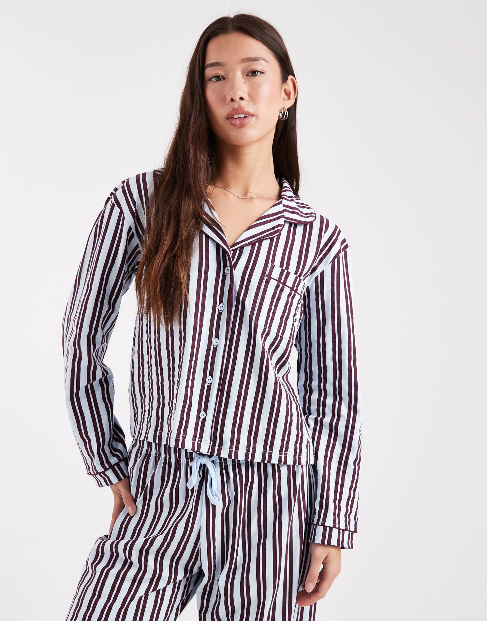 wednesday's girl long sleeve shirt and pants pajama set in blue stripe