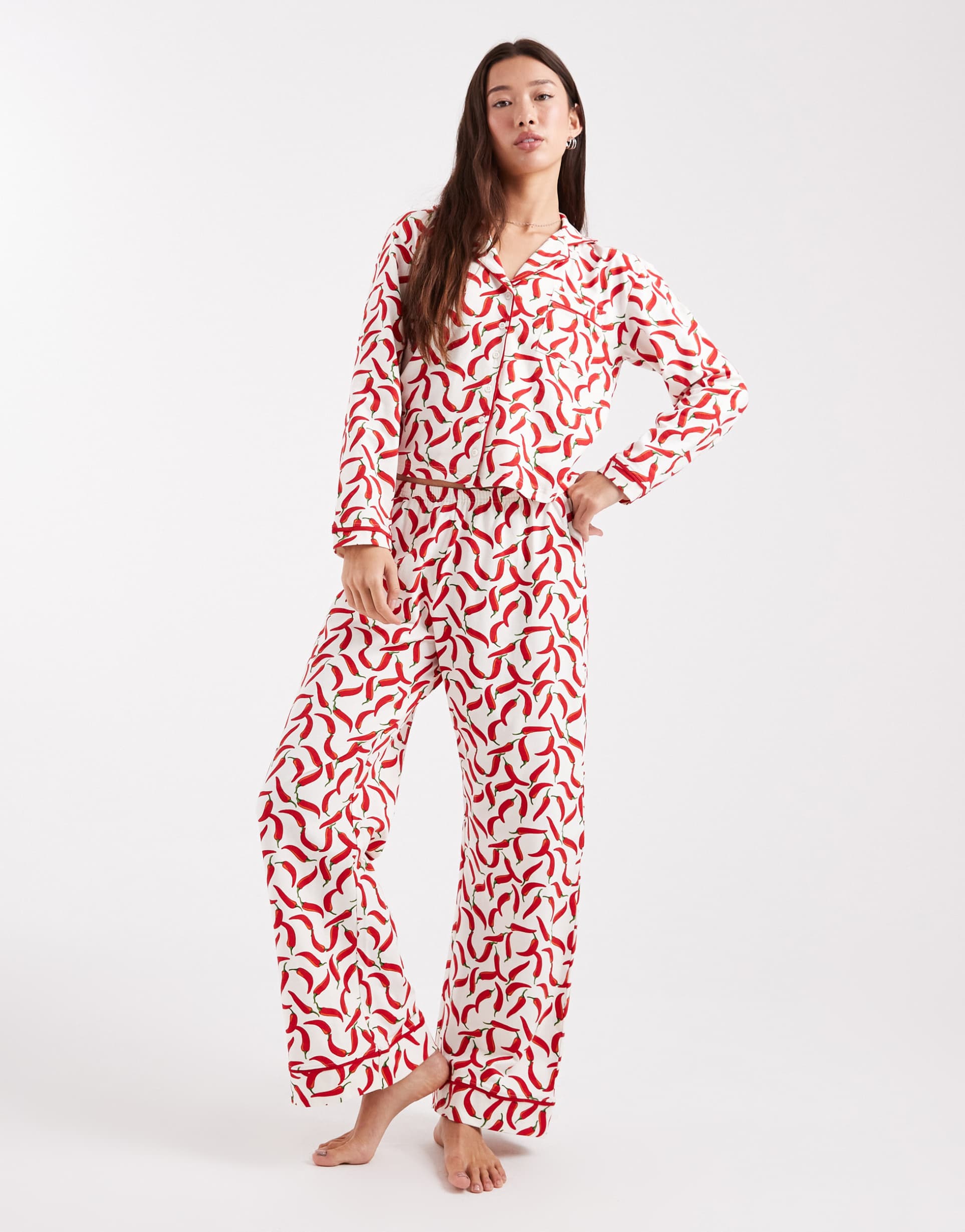 wednesday's girl long sleeve shirt and pants pajama set in chili print