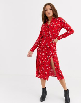 red long sleeve shirt dress