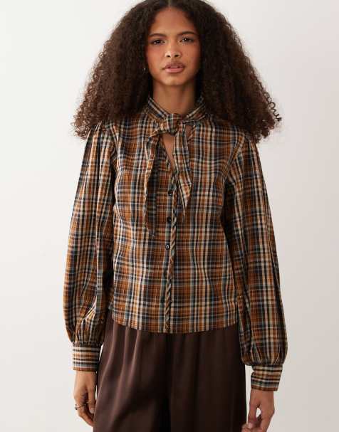 Wednesday's Girl long sleeve shirt with tie detail in navy check - view 1