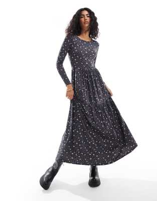 Wednesday's Girl Wednesday's Girl long sleeve smudge spot midaxi dress in black and blue