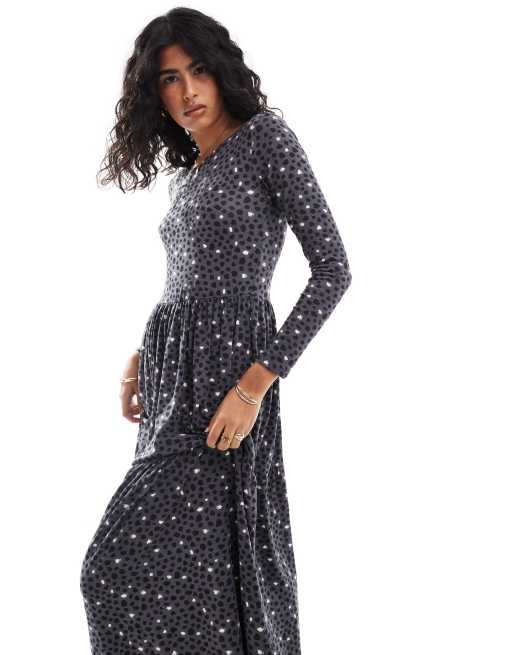 Wednesday's Girl long sleeve smudge spot midaxi dress in black and