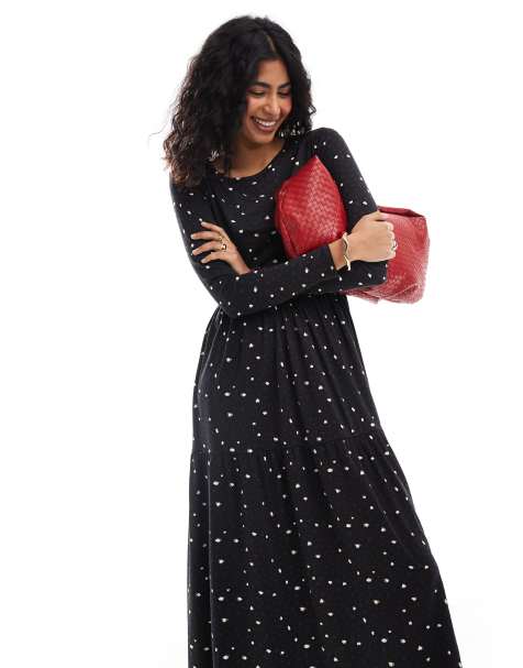 Wednesday's Girl long sleeve smudge spot midaxi dress in black and cream - view 1