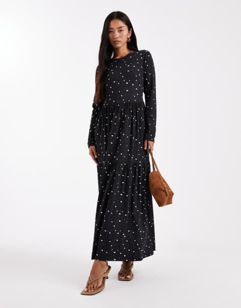 Wednesday's Girl long sleeve smudge spot midaxi dress in navy - view 1