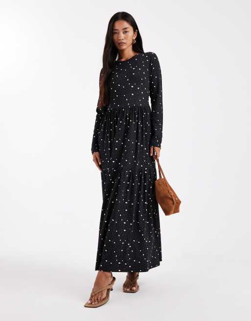 Wednesday's Girl long sleeve smudge spot midaxi dress in navy
