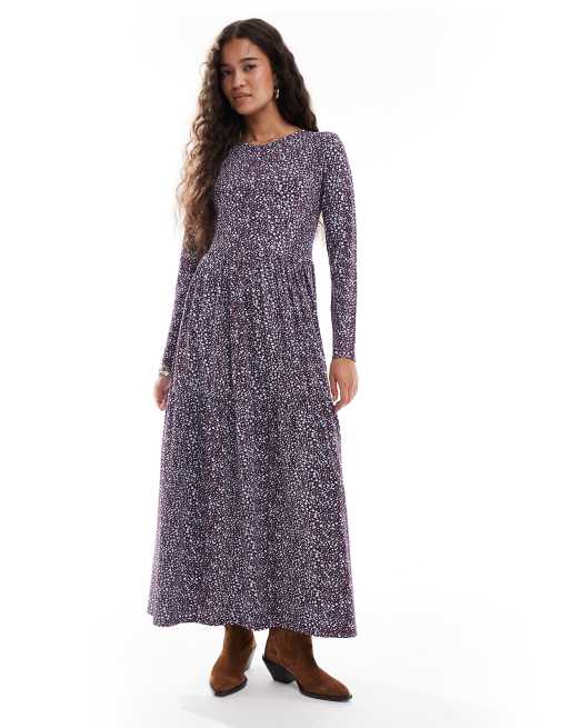 Wednesday's Girl long sleeve smudge spot midaxi dress in plum