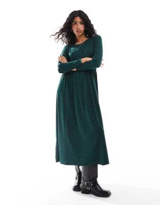 Wednesdays Girl Long Sleeve Smudge Spot Midi Dress In Forest Green - Asos Midi Dress New In 31st October 2024