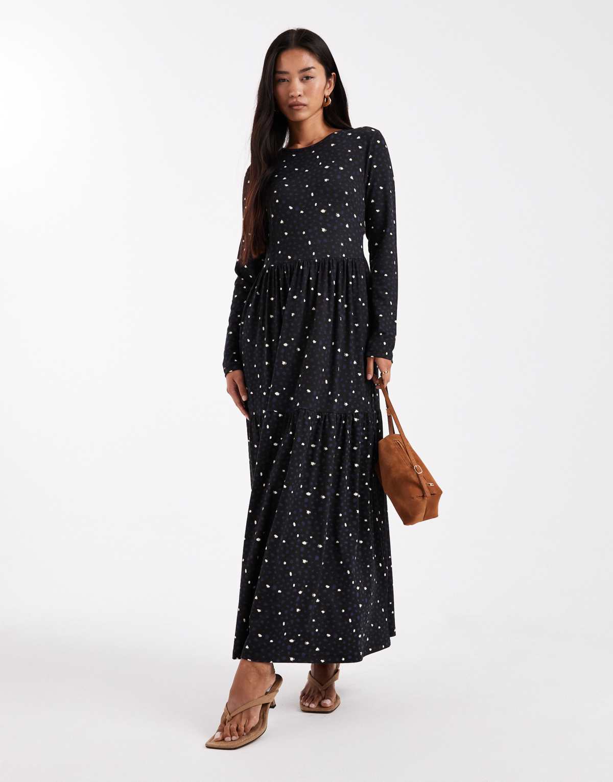 Wednesday's Girl long sleeve smudge spot midiaxi dress in navy