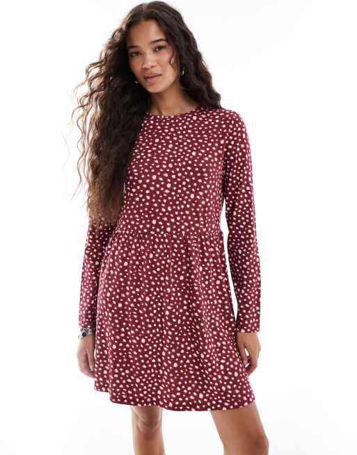 Wednesday's Girl long sleeve smudge spot mini dress in burgundy pink