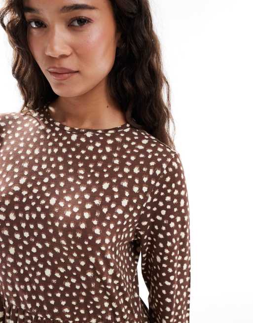 Wednesday's Girl long sleeve smudge spot mini dress in yellow brown, 3 of 4