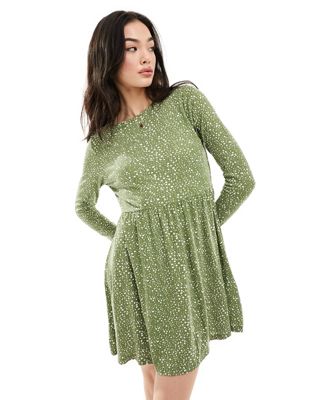 Wednesday's Girl long sleeve smudge spot mini smock dress in sage