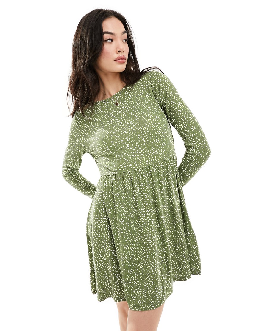 Wednesday’s Girl long sleeve smudge spot mini smock dress in sage-Green