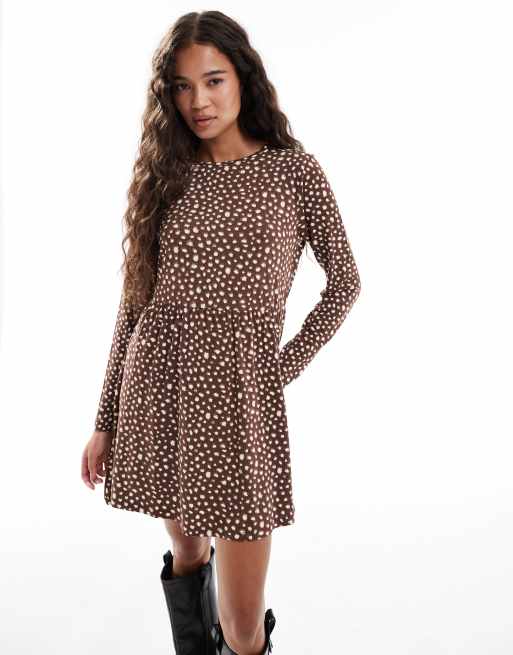 Wednesday's Girl long sleeve smudged polka dots mini dress in yellow brown