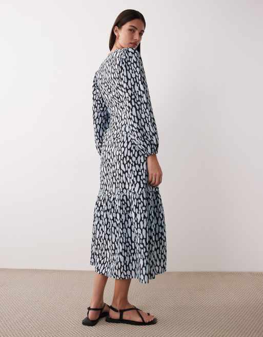 chinese dress ladies Scribble Dot Print Stretch Plisse Wrap Dress Black/White / L / R125PO1658