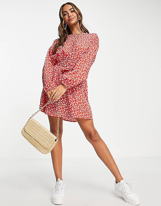 Wednesday's Girl long sleeve tie waist swing dress in red ditsy floral