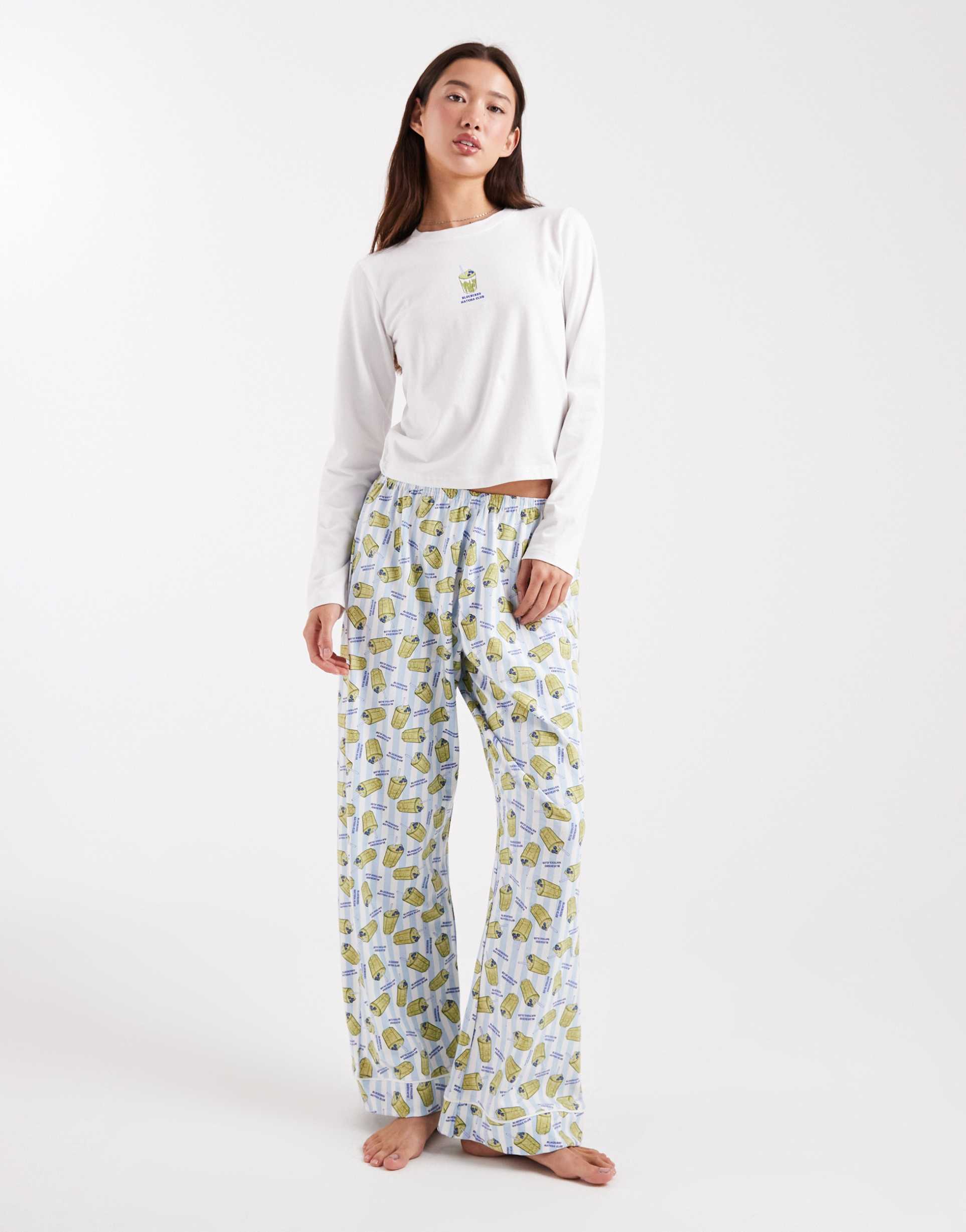 wednesday's girl long sleeve top and pants pajama set in matcha print