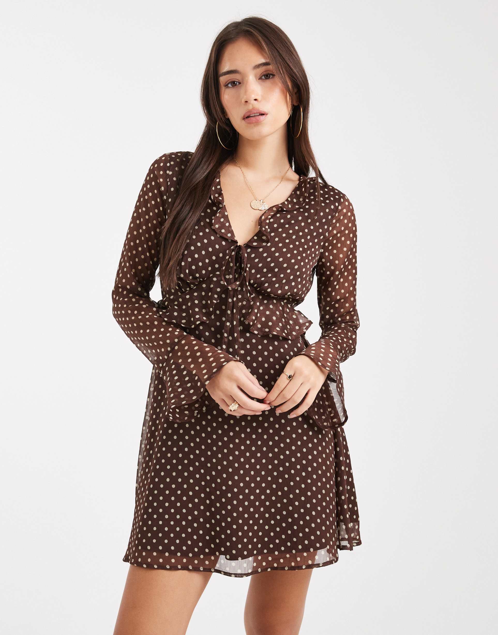 wednesday's girl long sleeve v neck ruffle polka dot mini dress in brown